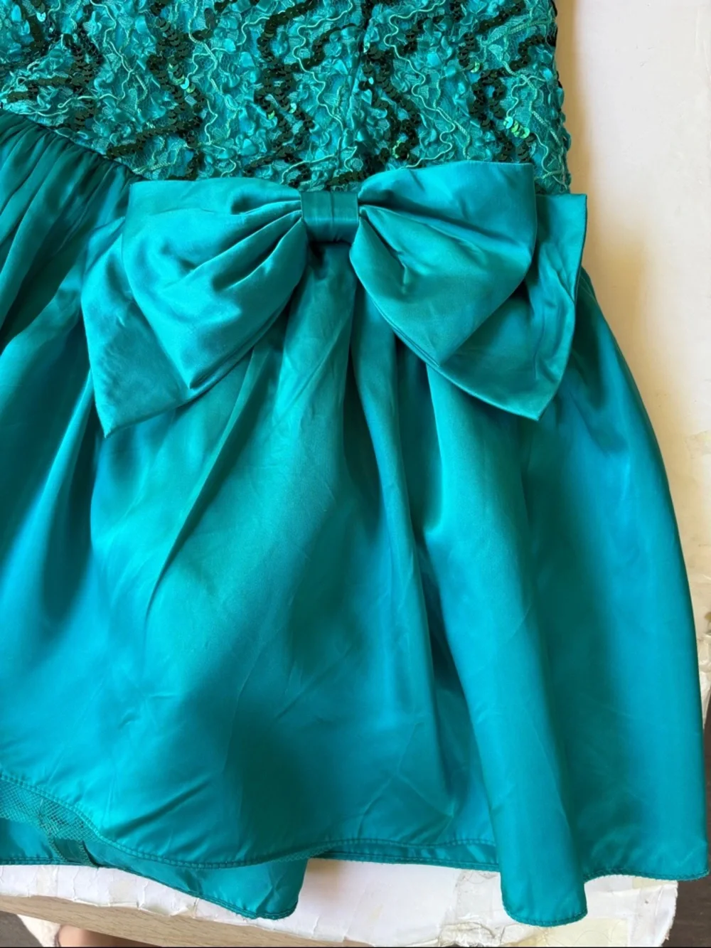 Vintage 80’s Sequin Party Dress Teal Bow Halter Bow Dropwaist Cocktail Dance 90’ - Picture 9 of 17